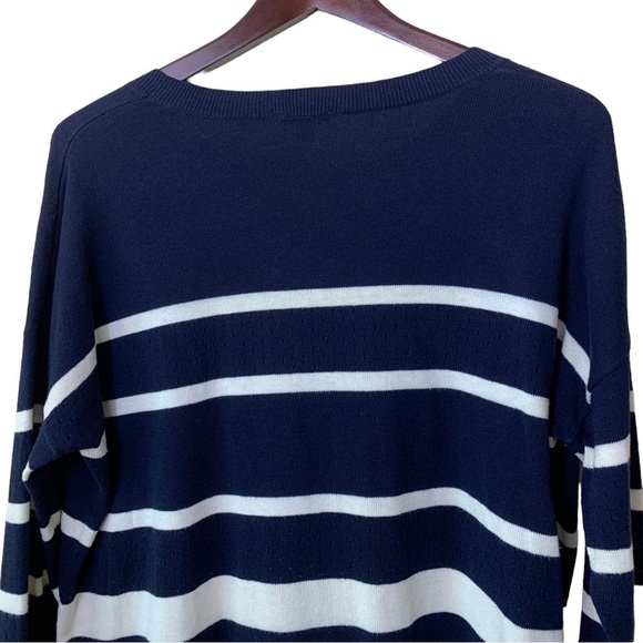 GAP Navy White Stripe Long Sleeve Cotton Blend Boat Neck Sweater Size L - Picture 3 of 7